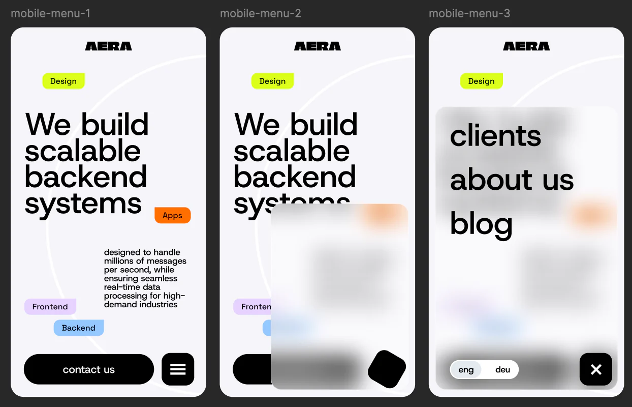 AERA mobile navigation and menu states