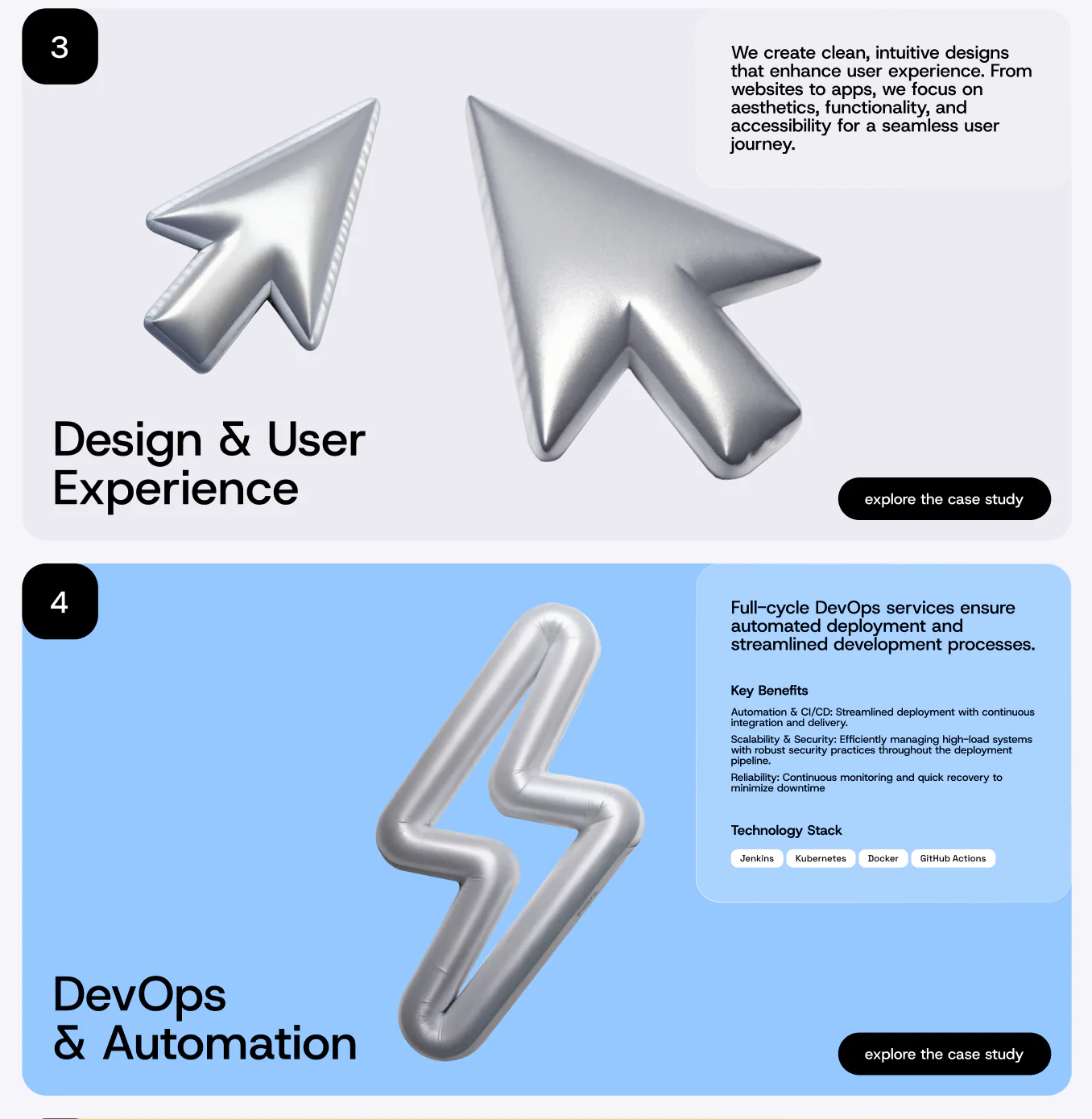 AERA capability pages for design, UX, DevOps and automation