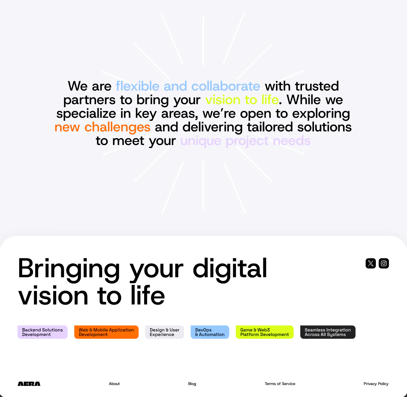 AERA brand statement and structured website footer