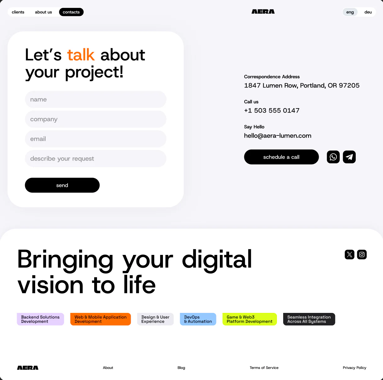 AERA contact page with project inquiry and call scheduling