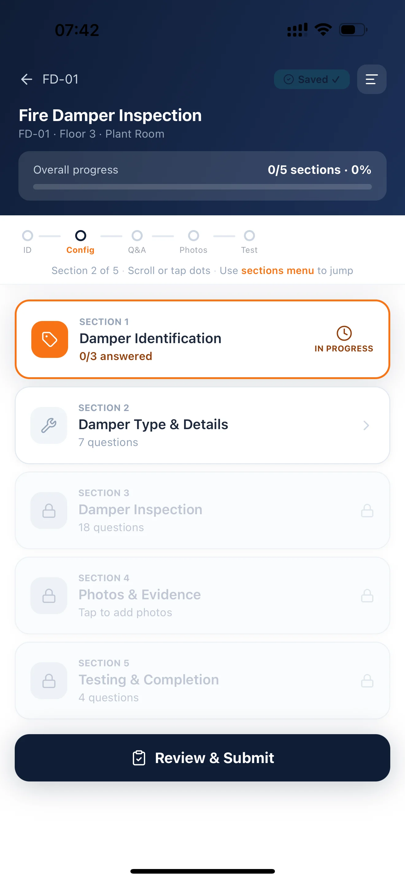 Per-question inspection form with photo capture