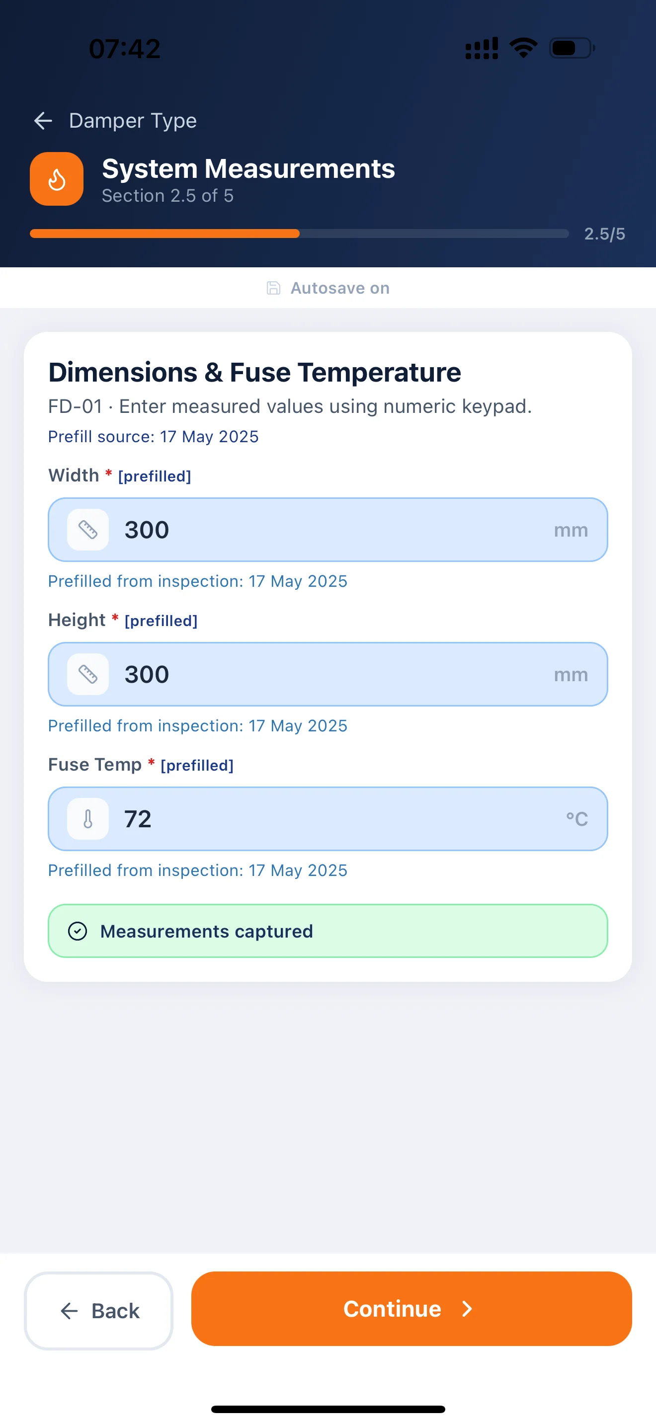 Inspection broken into structured sections