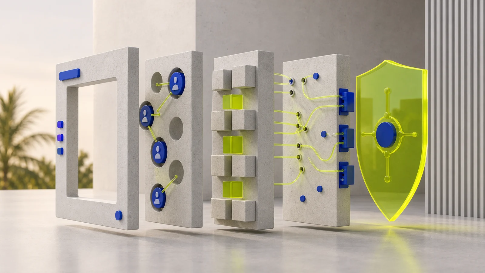 Five separated product layers representing interface, roles, data, integrations and security — complexity accumulates behind every apparently simple screen